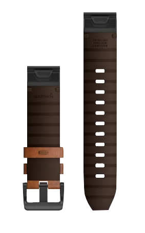 Garmin QuickFit 22 chestnut leather watch band set; two-piece replacement strap with buckle.