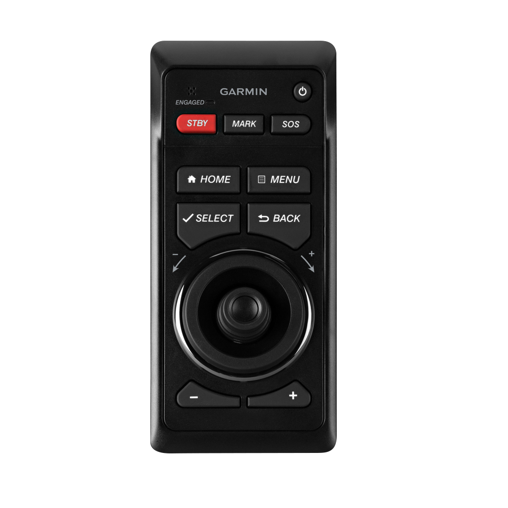 Garmin GRID Remote Input Device, black marine electronics accessory with a large jog dial and red STBY button.