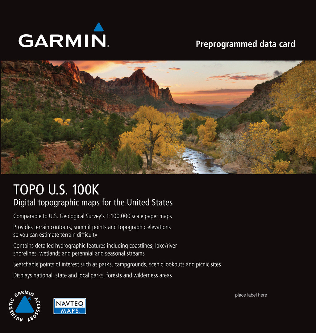 TOPO U.S. 100K map card by Garmin with full-coverage microSD