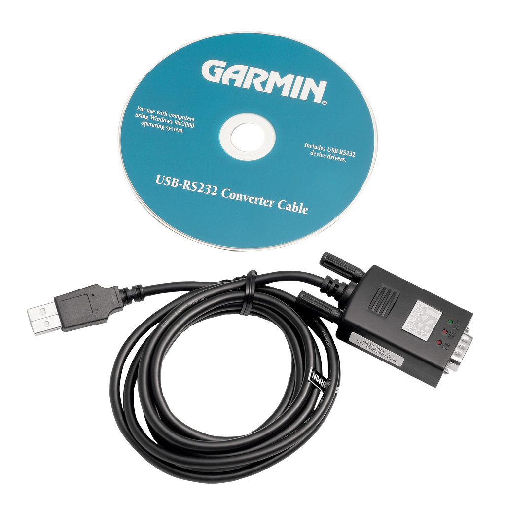 Garmin USB to RS232 Converter Cable; black adapter with USB-A plug and blue Garmin CD (2 items)