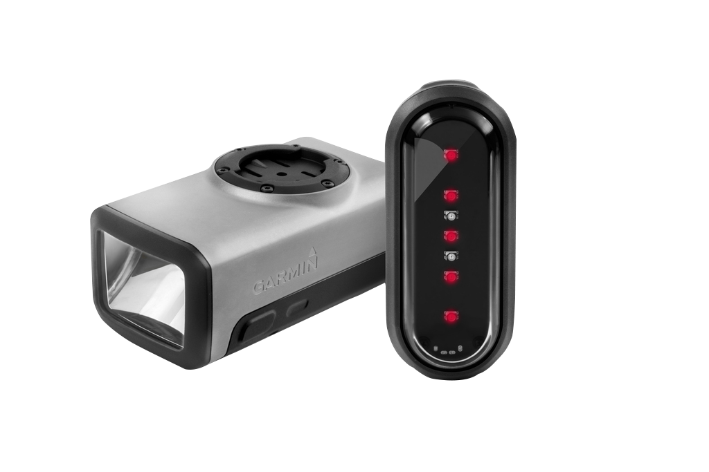 Garmin Varia Smart Bike Lights combo: front silver headlamp and black rear light with vertical red LEDs