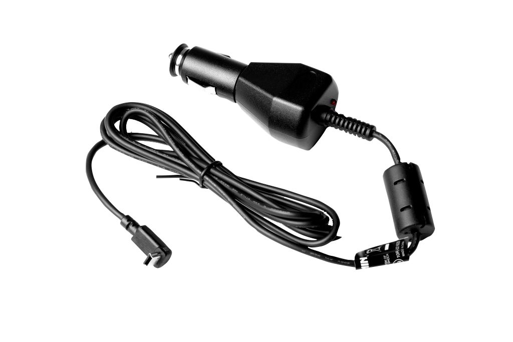 Garmin vehicle power cable 010-10851-11; black car charger with inline fuse and device-end plug.