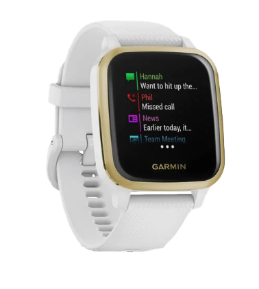 Garmin Venu Sq GPS smartwatch with white band and gold bezel, Garmin Certified Refurbished condition