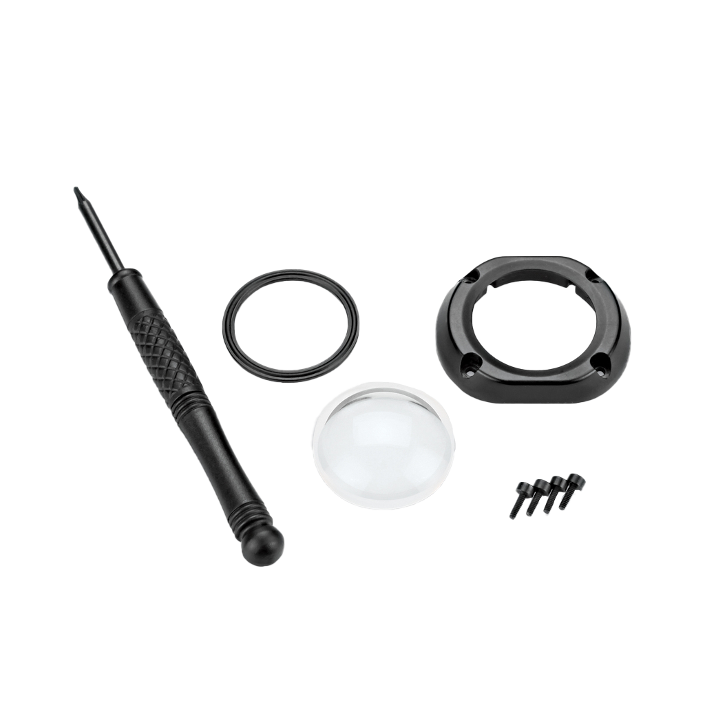 Garmin VIRB Lens accessory kit with black precision screwdriver, O-ring, clear dome lens, mounting ring, and 3 screws.