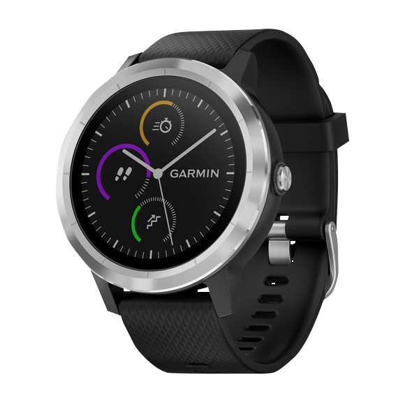 Garmin vivoactive 3 smartwatch with black silicone band and stainless steel bezel