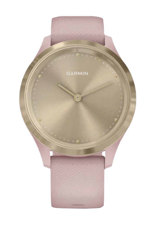 Garmin Vivomove 3S smart watch with light gold case and dusty rose band