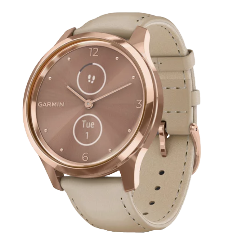 Garmin Vivomove Luxe smart watch, 18K rose gold PVD steel case with light sand Italian leather band