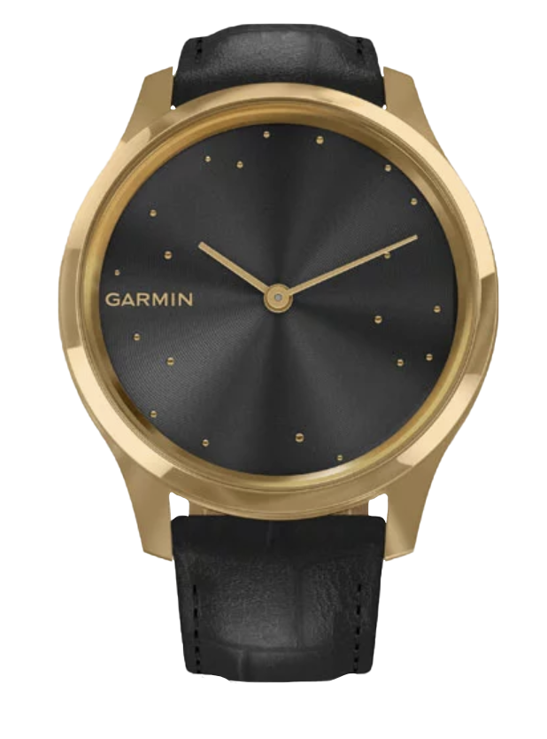 Garmin Vivomove Luxe watch with 24K gold PVD stainless steel case and black embossed Italian leather band