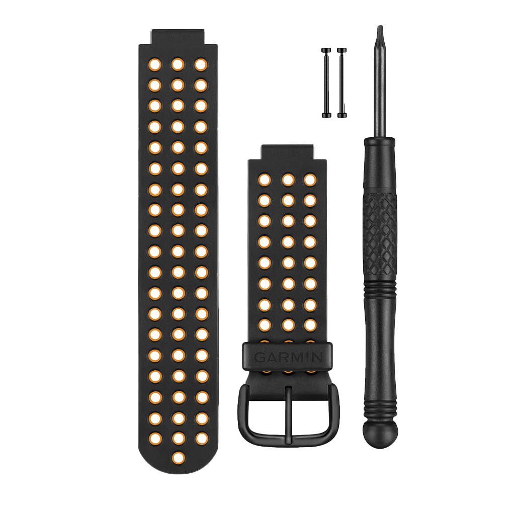Garmin watch band set, black and orange perforated straps with tool, includes two bands (010-12061-12)