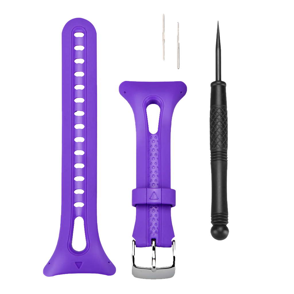 Garmin watch band set for Forerunner 10/15, violet; includes long strap, short strap with buckle, two pins, and a tool