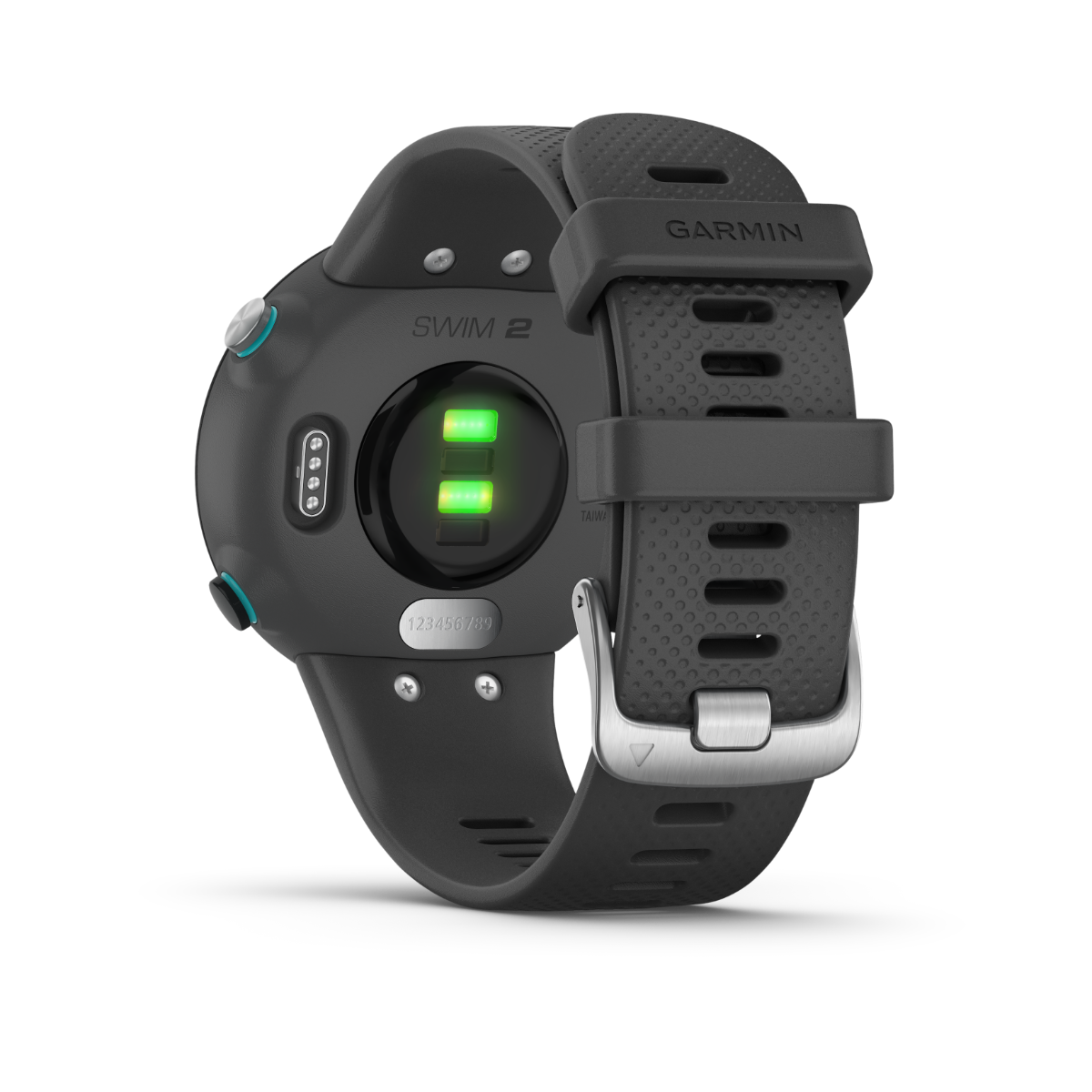 Garmin Swim 2 Slate smartwatch with gray strap; back view showing green charging LEDs