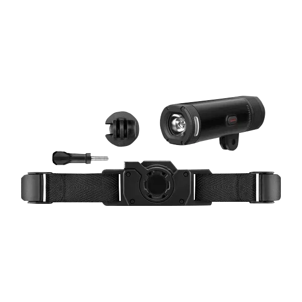 Garmin Varia UT800 Trail Edition smart bike headlight, black, with mounting strap and accessories