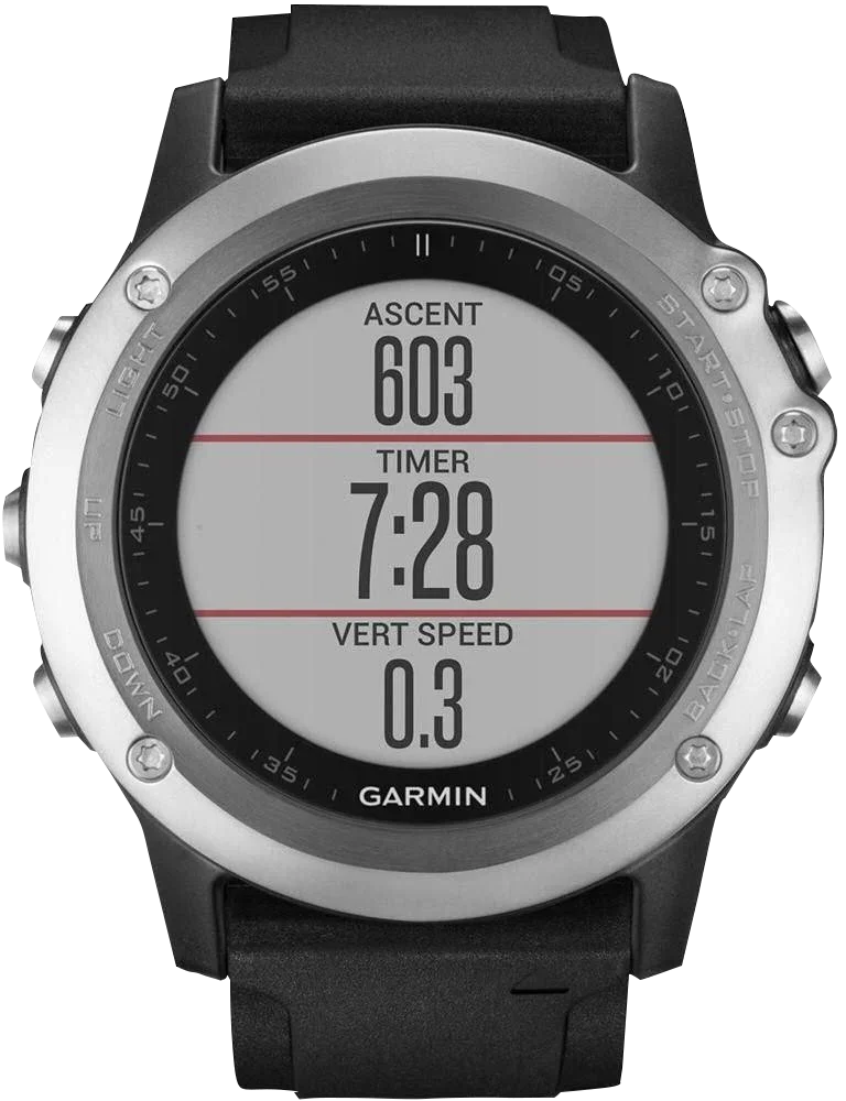 Garmin Fenix 3 HR GPS smartwatch with silver bezel and black band, certified refurbished