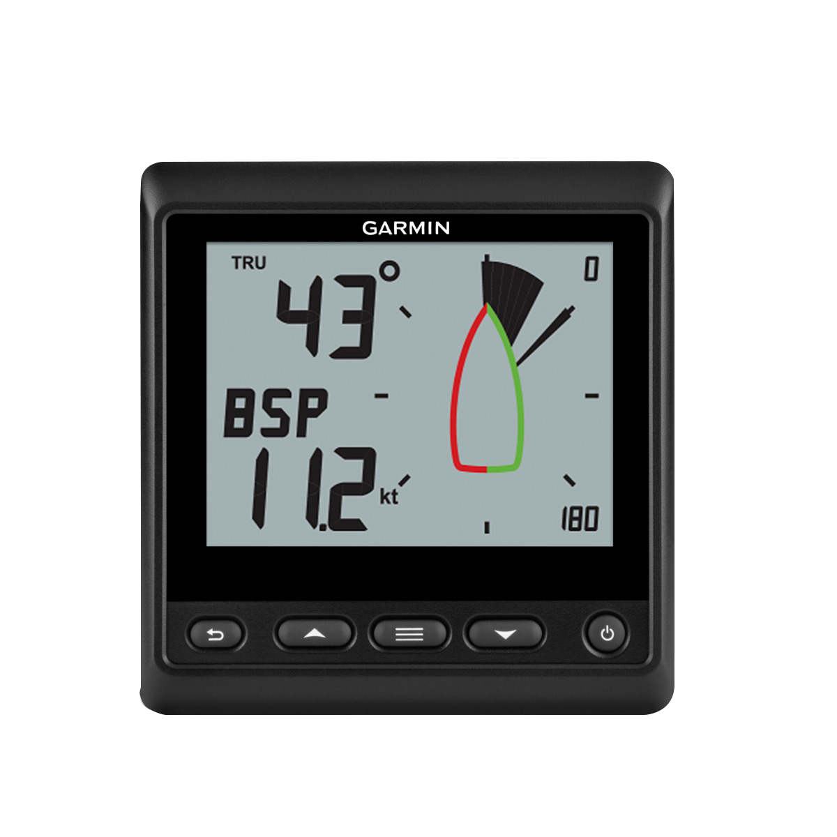 Garmin GNX Wind marine instrument display with black bezel showing wind data (43° true wind, 11.2 kt).