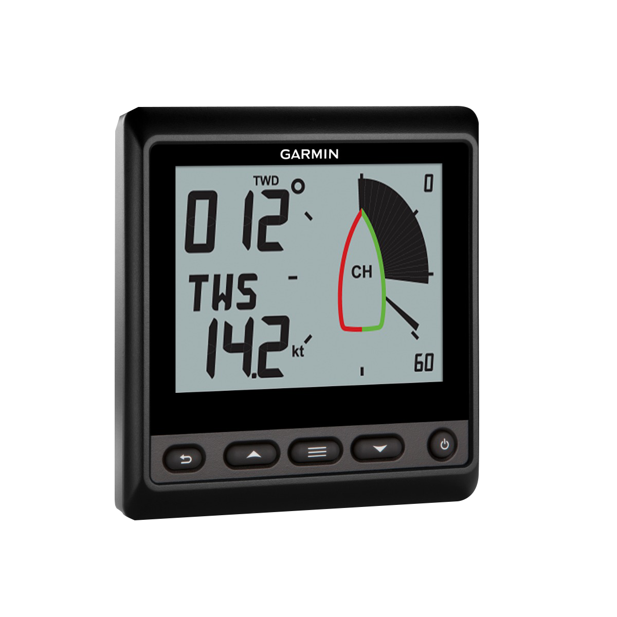 Garmin GNX Wind marine instrument display with black bezel and control buttons
