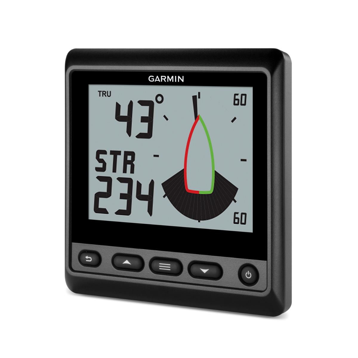 Garmin GNX Wind marine instrument, black display unit with Garmin branding and wind gauge on screen