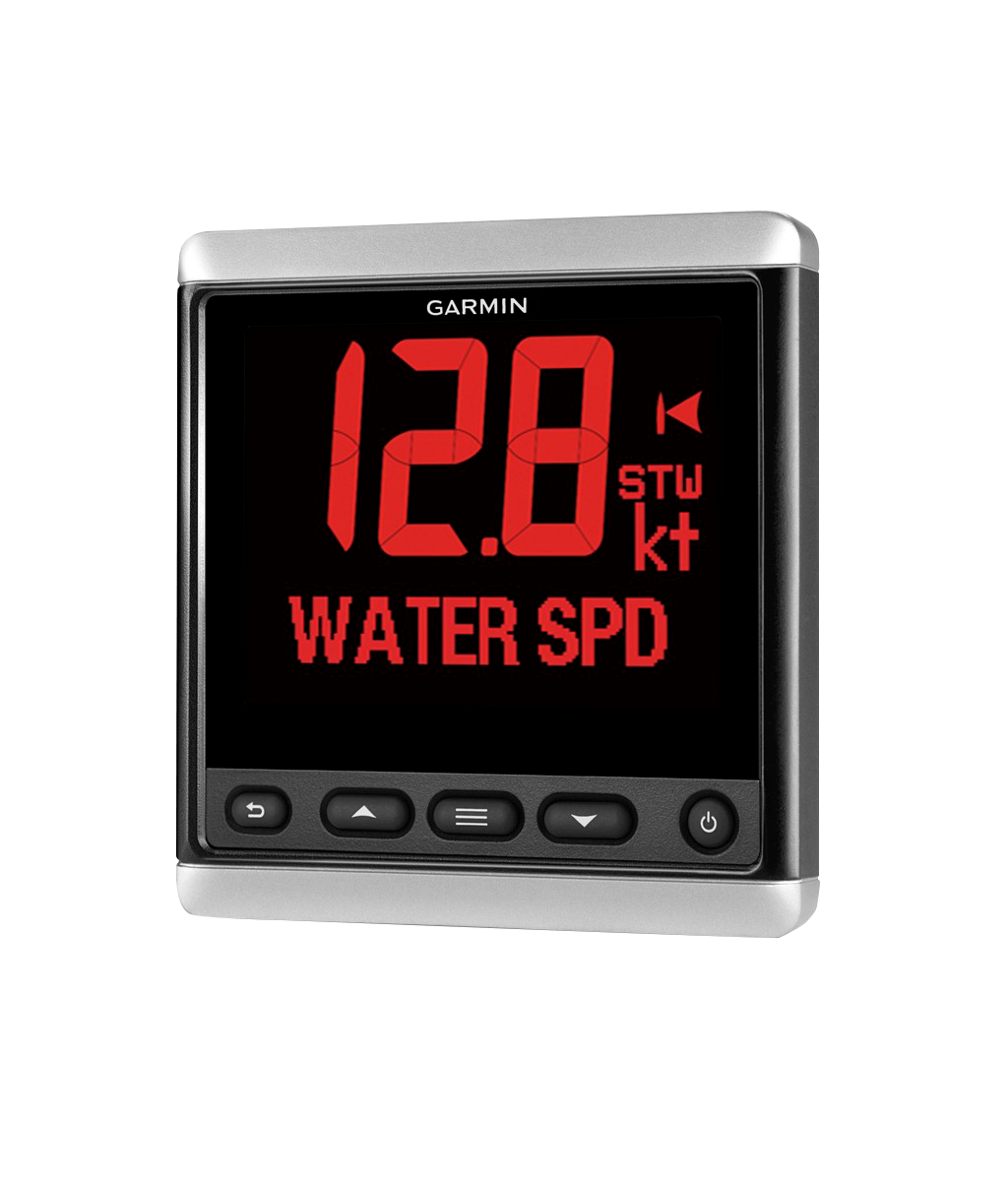 Garmin GNX 20 marine instrument display with black screen, red LED readouts, and silver bezel
