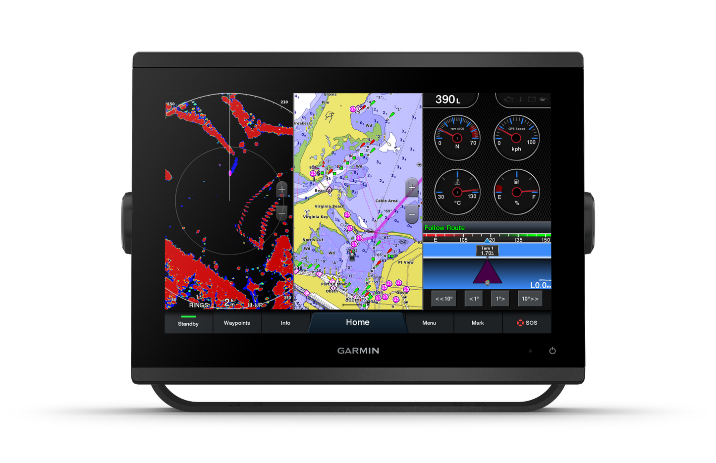 Garmin GPSMAP 1243 marine chartplotter with split map view and instrument gauges