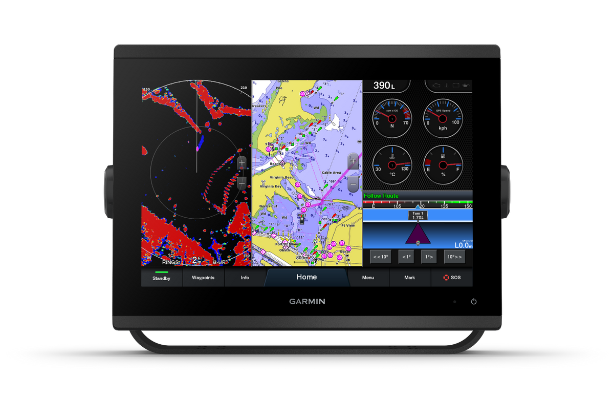 Garmin GPSMAP 1243xsv marine chartplotter in black with split-screen map and instrument gauges
