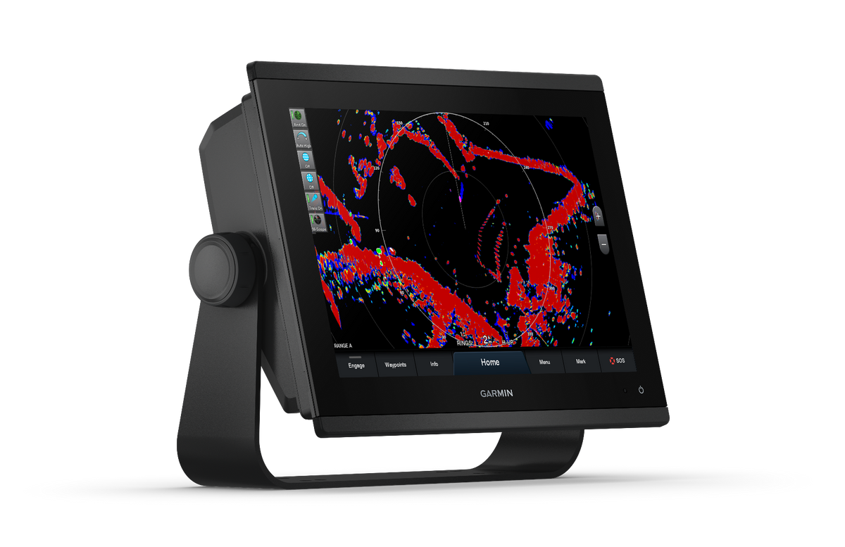 Garmin GPSMAP 1243xsv marine chartplotter with black frame and radar-style display
