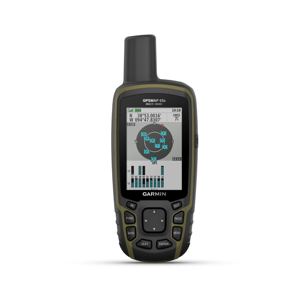 Garmin GPSMAP 65s handheld GPS with sensors, multi-band GNSS, black olive.