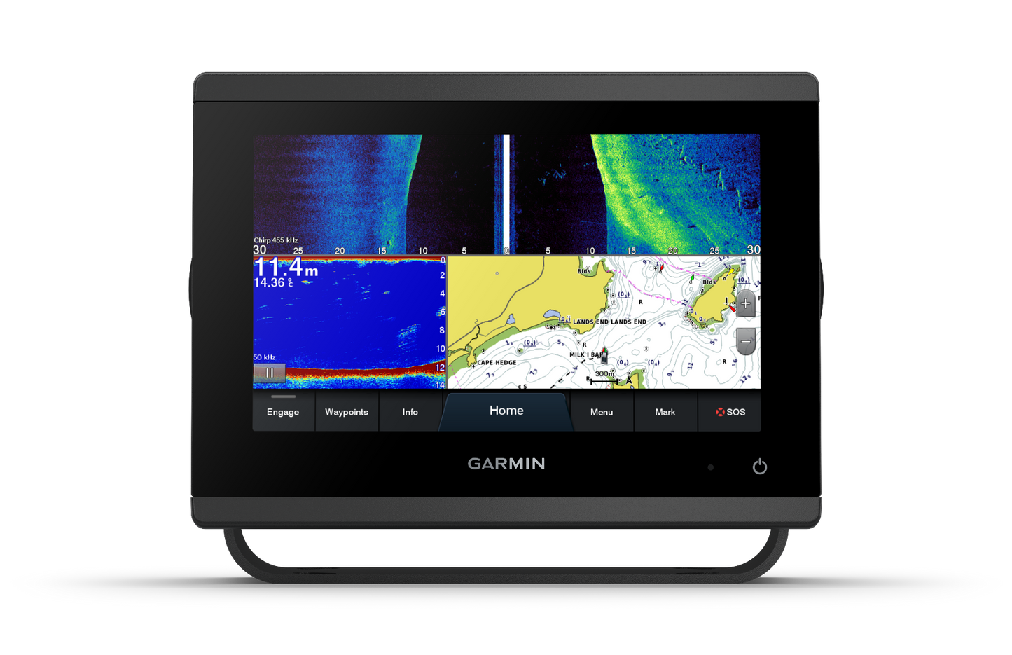 Garmin GPSMAP 723xsv marine chartplotter in black with split-screen sonar and map display