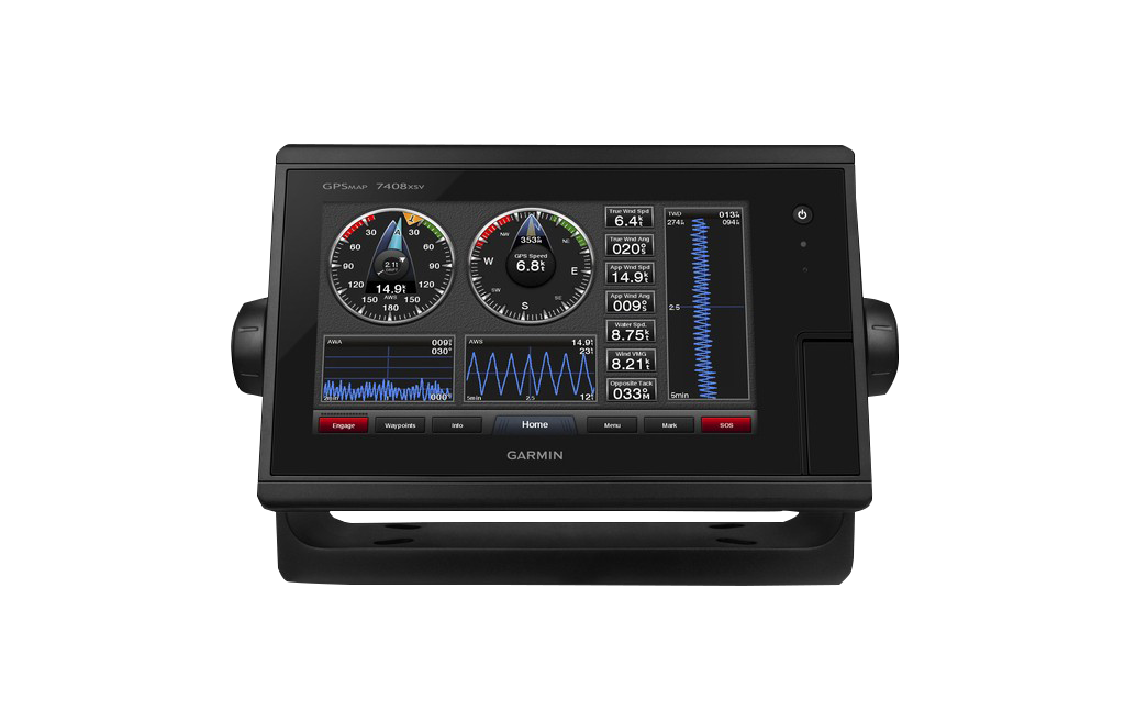 Garmin GPSMAP 7408xsv marine chartplotter with black housing and colorful data gauges on screen