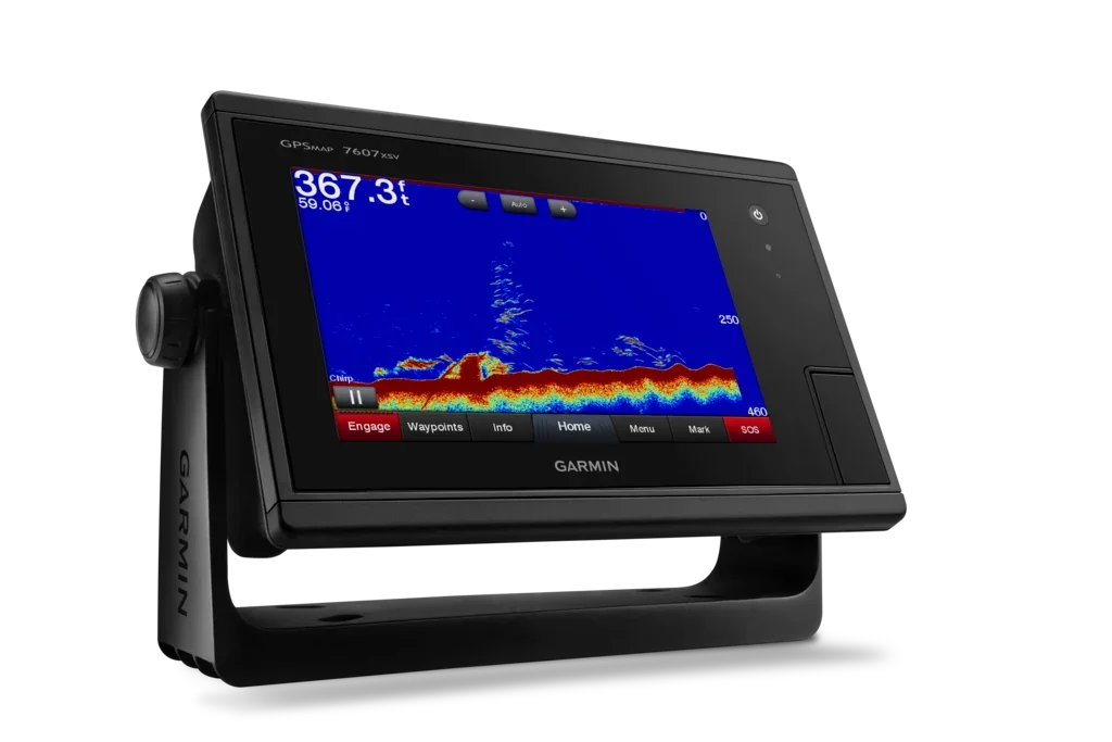 Garmin GPSMAP 7607xsv marine chartplotter with color sonar display on mount
