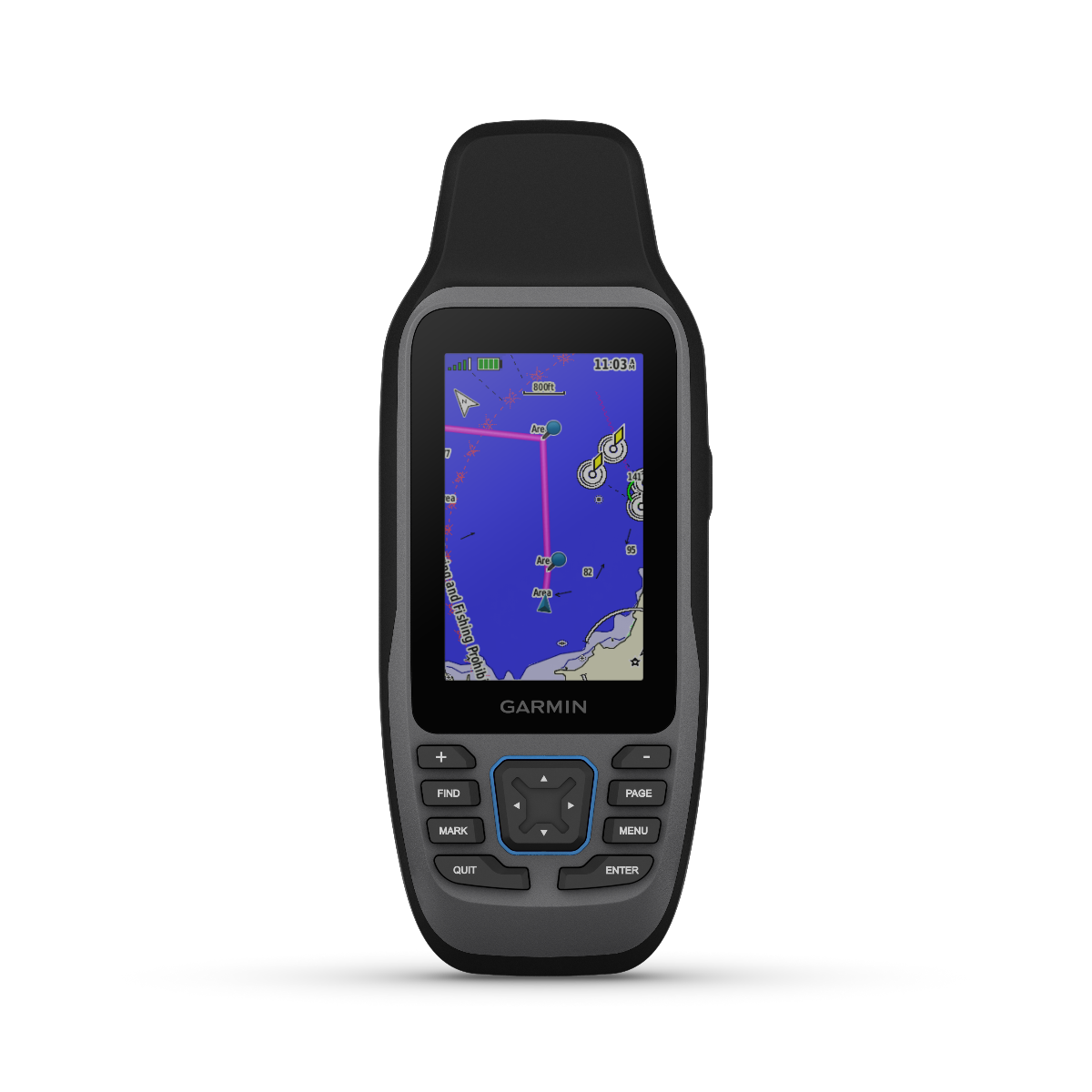 Garmin GPSMAP 79sc marine handheld GPS with black body and blue map display