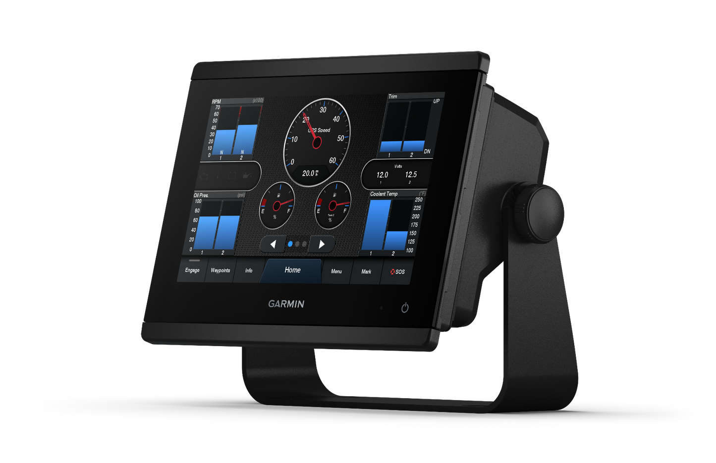 Garmin GPSMAP 923 marine chartplotter with black touchscreen display and mounting stand