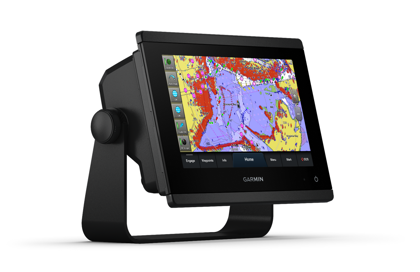 Garmin GPSMAP 923 marine chartplotter on a black stand with colorful nautical chart display