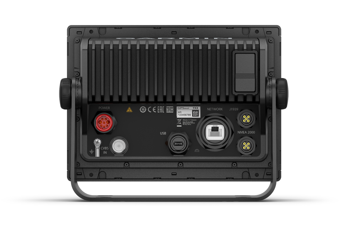 Garmin GPSMAP 743xsv marine chartplotter back panel with power, USB and NMEA 2000 ports