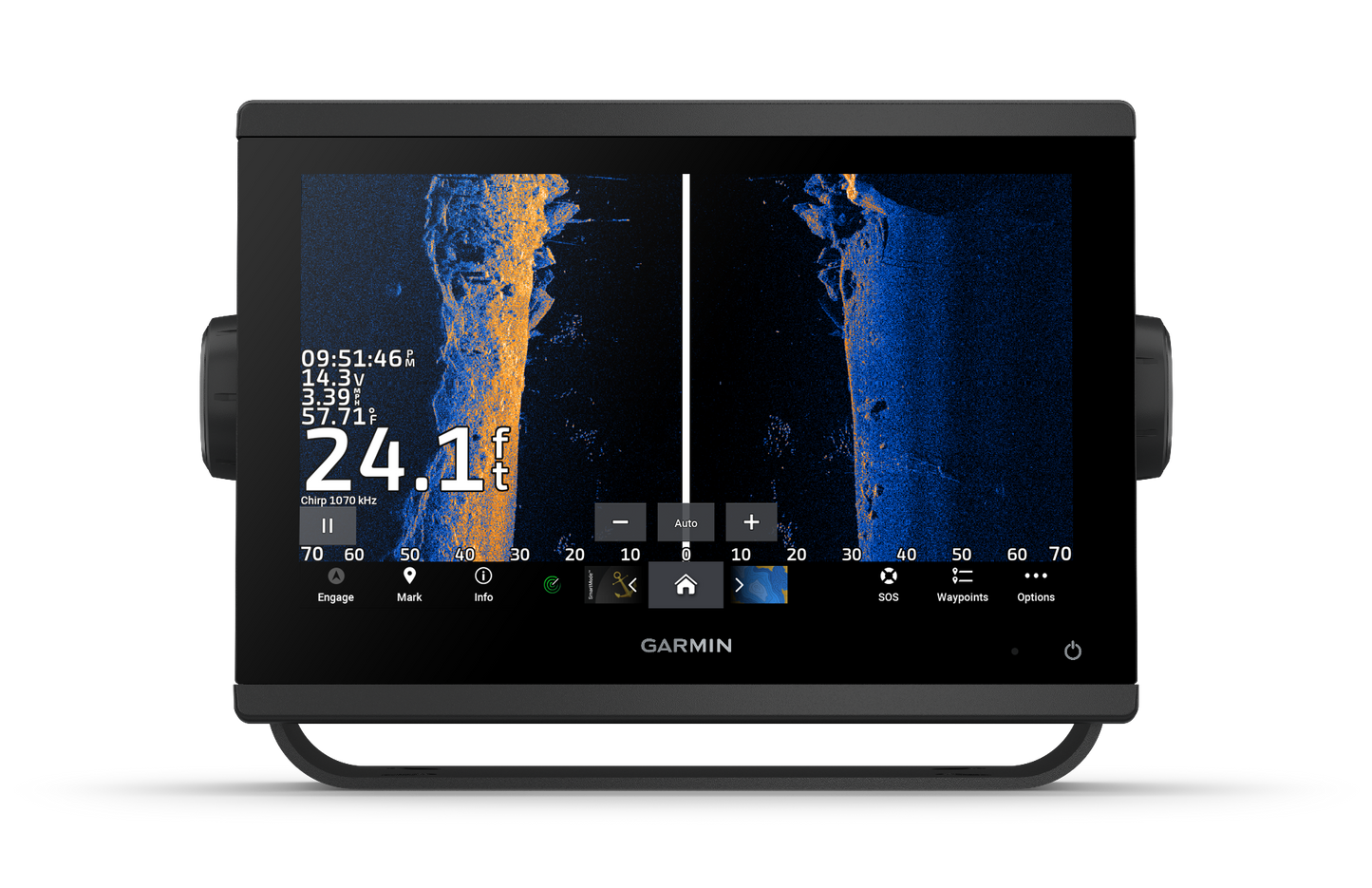 Garmin GPSMAP 943 marine chartplotter with split-screen sonar on a black bezel