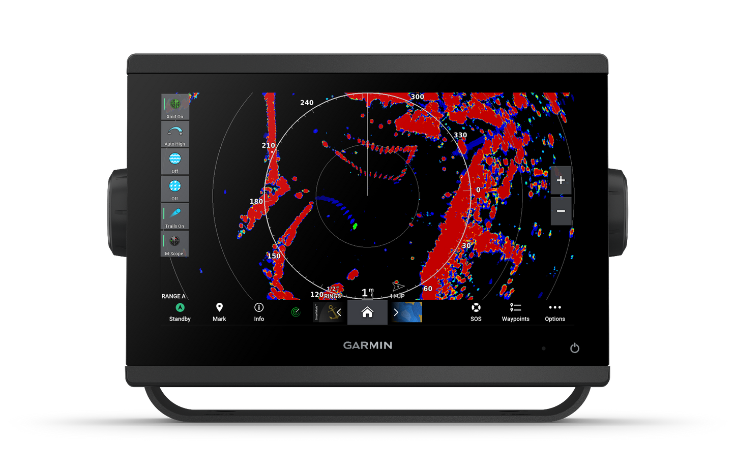 GPSMAP 923 marine chartplotter by Garmin with black bezel and radar-style color display