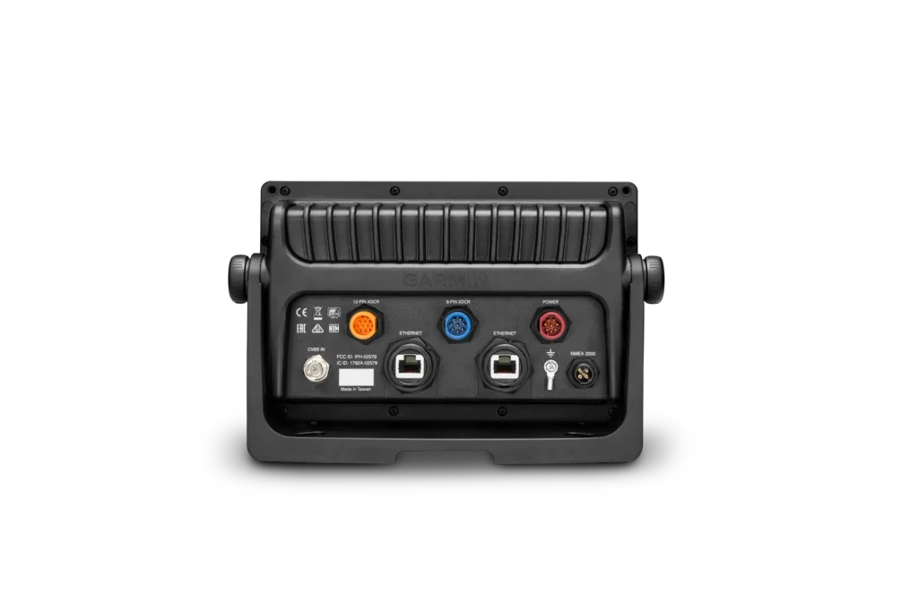 Garmin GPSMAP 7607xsv marine chartplotter back panel with orange, blue and red connectors
