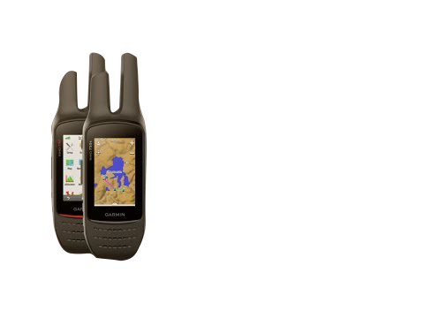Two Garmin Rino 755t GPS and 2-way radios with brown casings and map-screen displays.