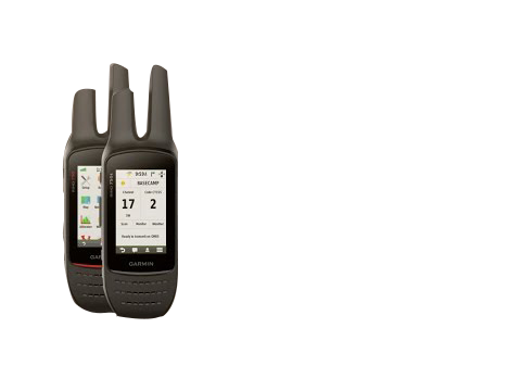 Two Garmin Rino 755t handheld GPS and 2-way radios in black with map displays