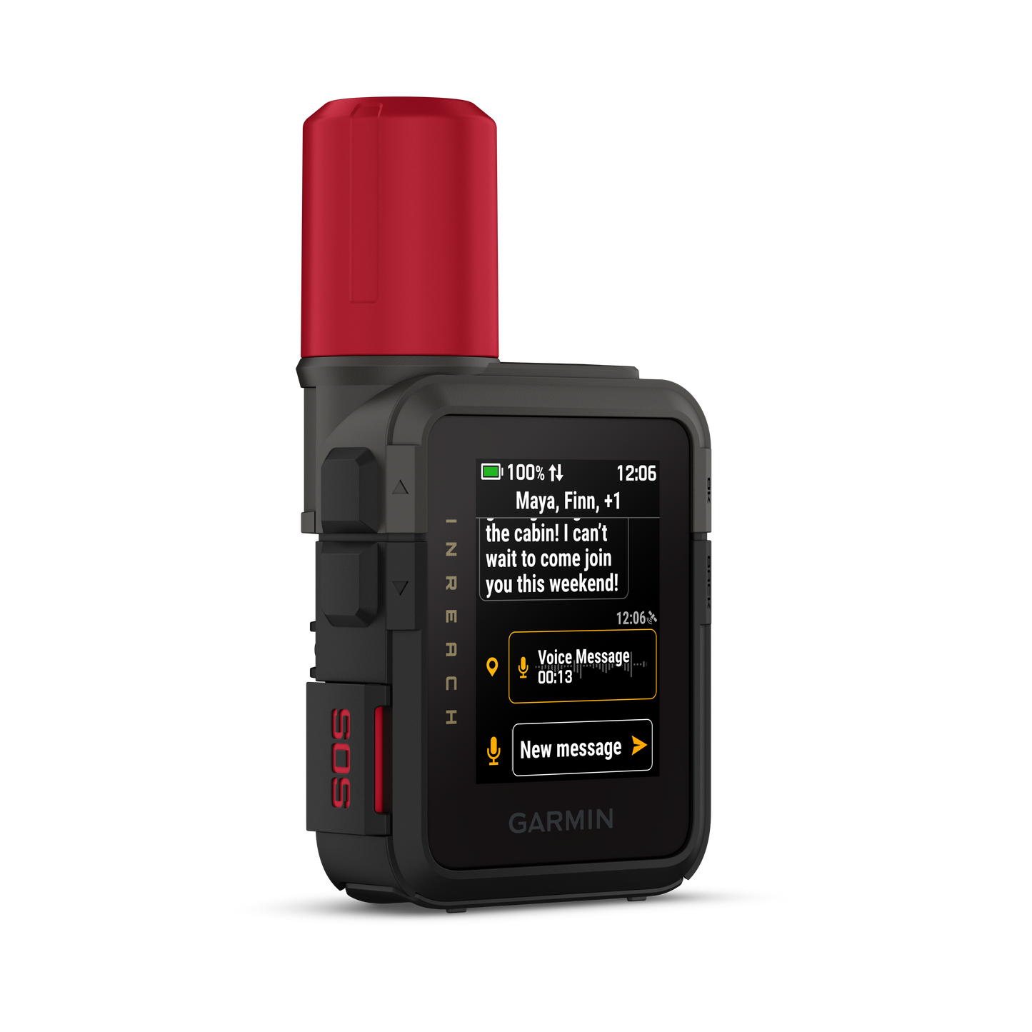Garmin inReach Mini 3 Plus satellite communicator with red top, black body and message screen