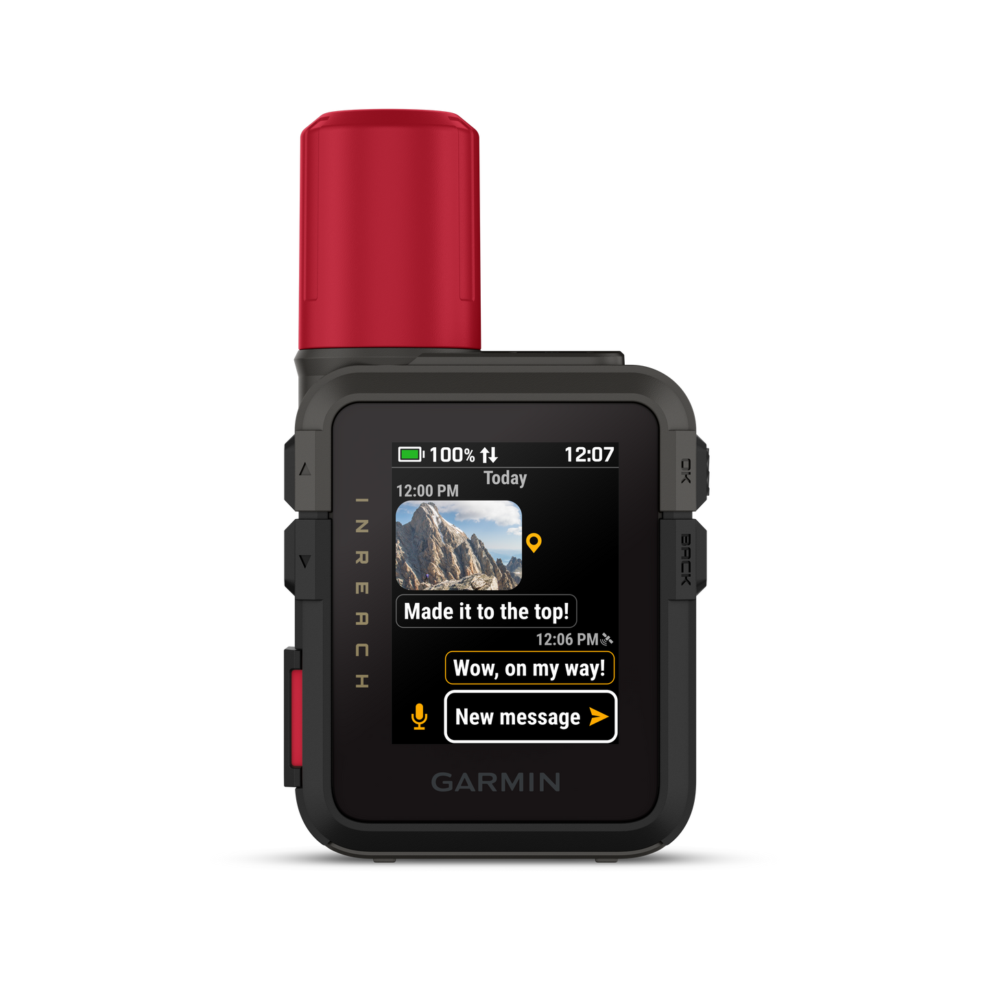 Garmin inReach Mini 3 Plus satellite communicator with red top cap and rugged black body, screen shows messaging