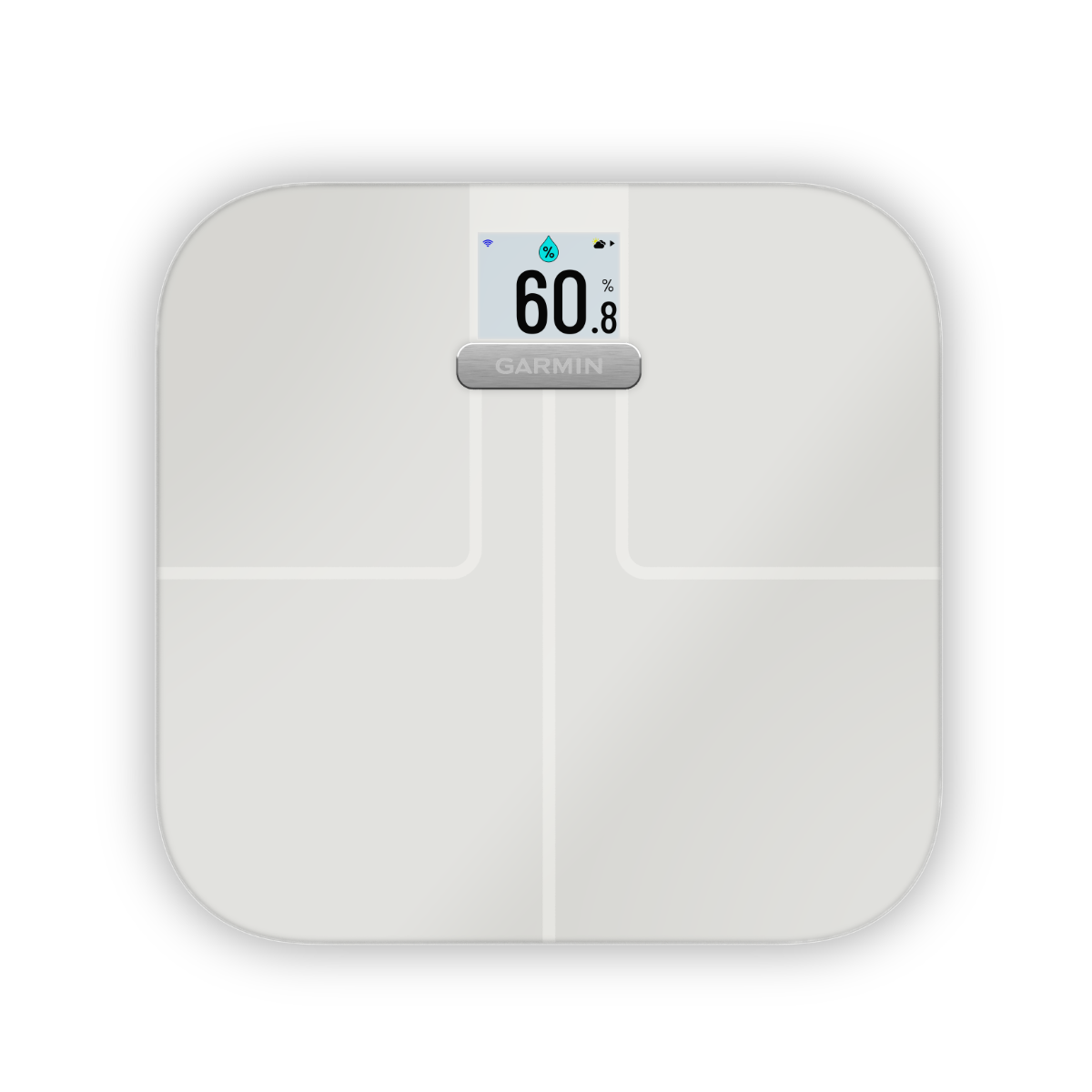 Garmin Index S2 smart scale, white with metal Garmin badge and digital display.