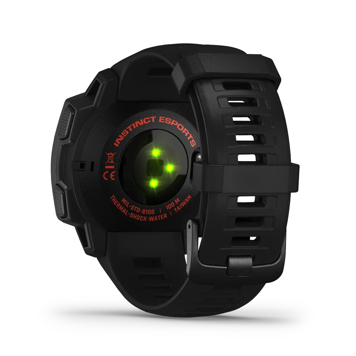 Garmin Instinct Esports Edition watch, Black Lava, rear view with green LED sensors.