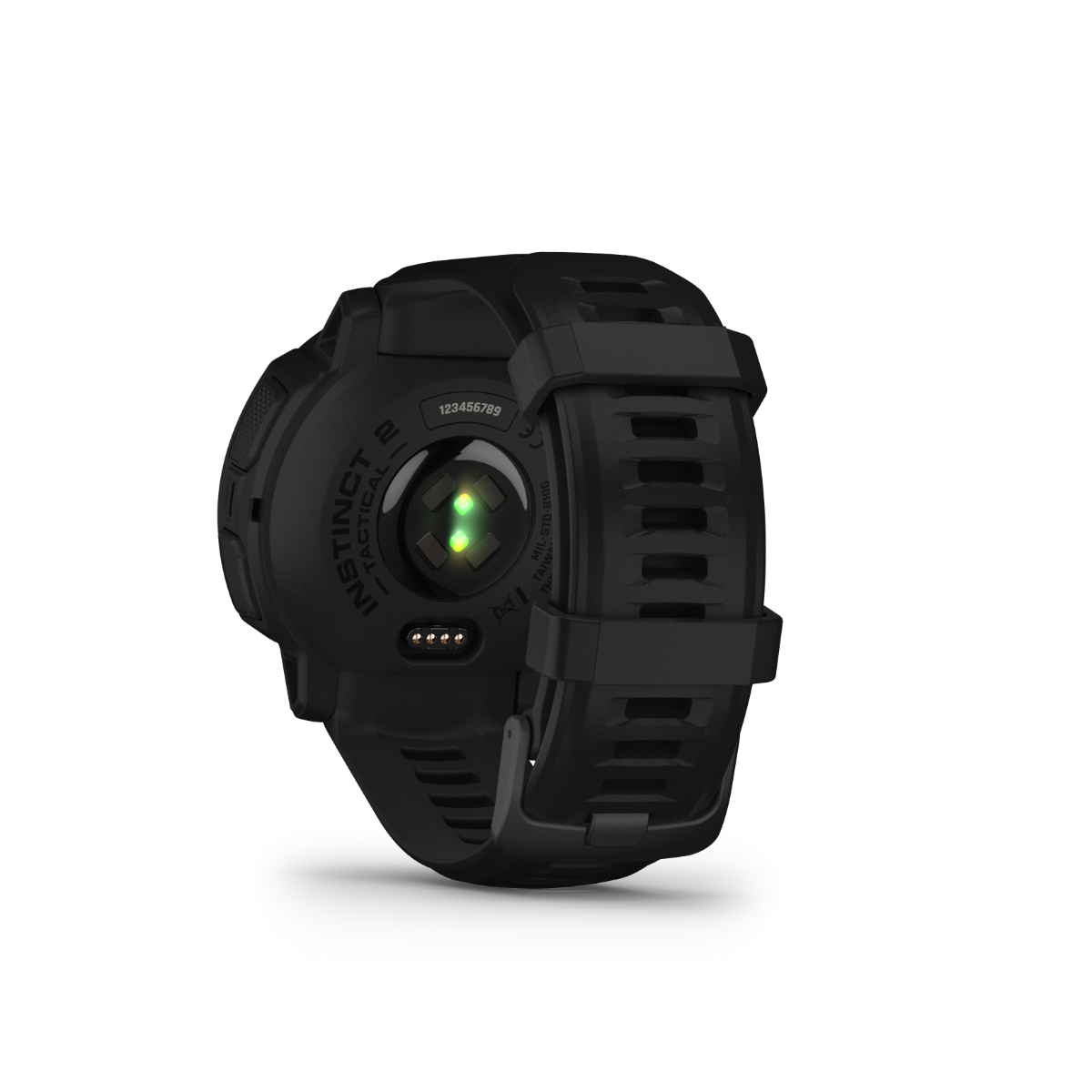 Garmin Instinct 2 Solar Tactical Edition smartwatch, black, rear view with green LED heart-rate sensor