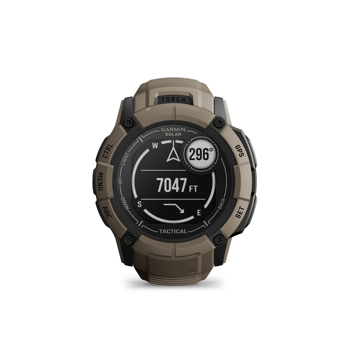 Garmin Instinct 2X Solar Tactical Edition smartwatch in coyote tan with built-in flashlight