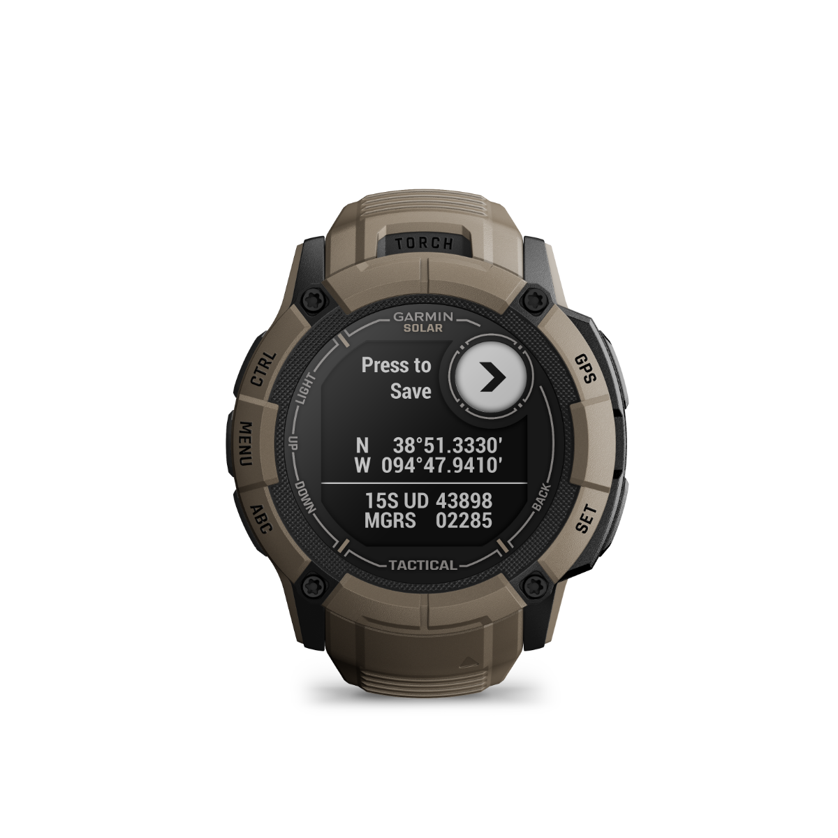 Garmin Instinct 2X Solar Tactical Edition smartwatch in coyote tan with built-in flashlight