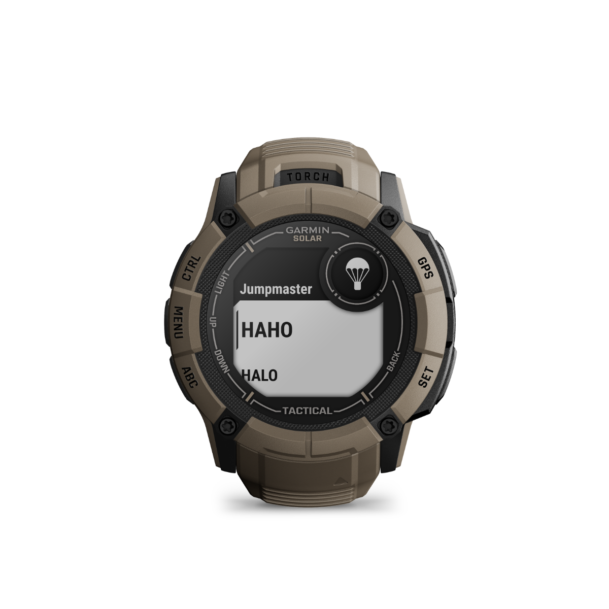 Garmin Instinct 2X Solar Tactical Edition watch in coyote tan, rugged GPS smartwatch with built-in flashlight