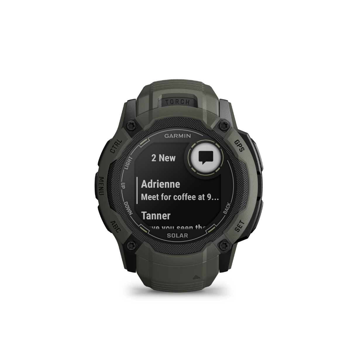 Garmin Instinct 2X Solar Moss rugged GPS smartwatch with built-in flashlight