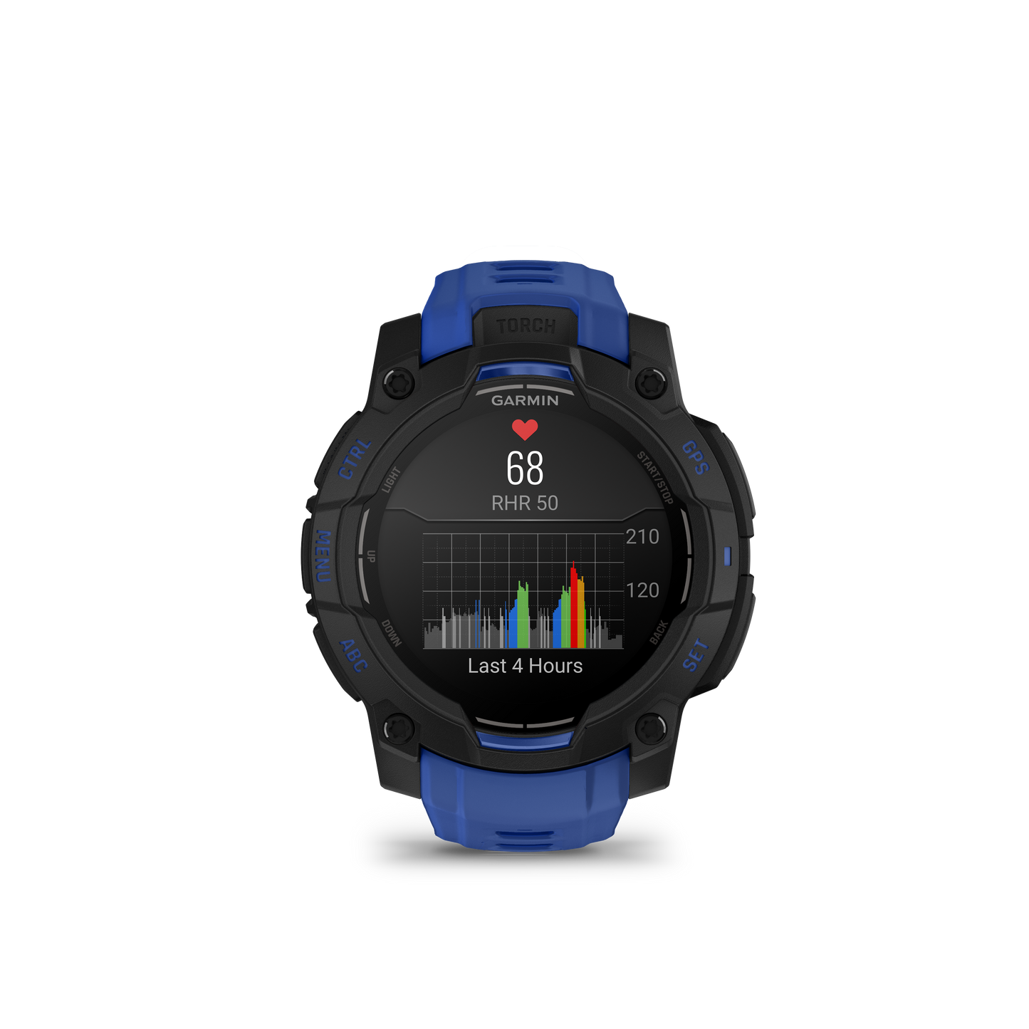 Garmin Instinct 3 AMOLED 45mm smartwatch in black with bolt blue/black band, displaying heart-rate and activity chart.