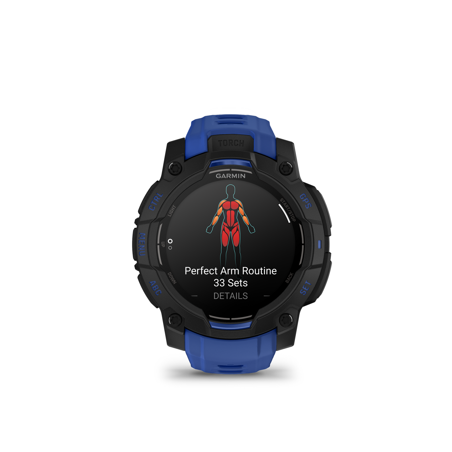 Garmin Instinct 3 AMOLED 45mm smartwatch, black bezel with bolt blue/black band