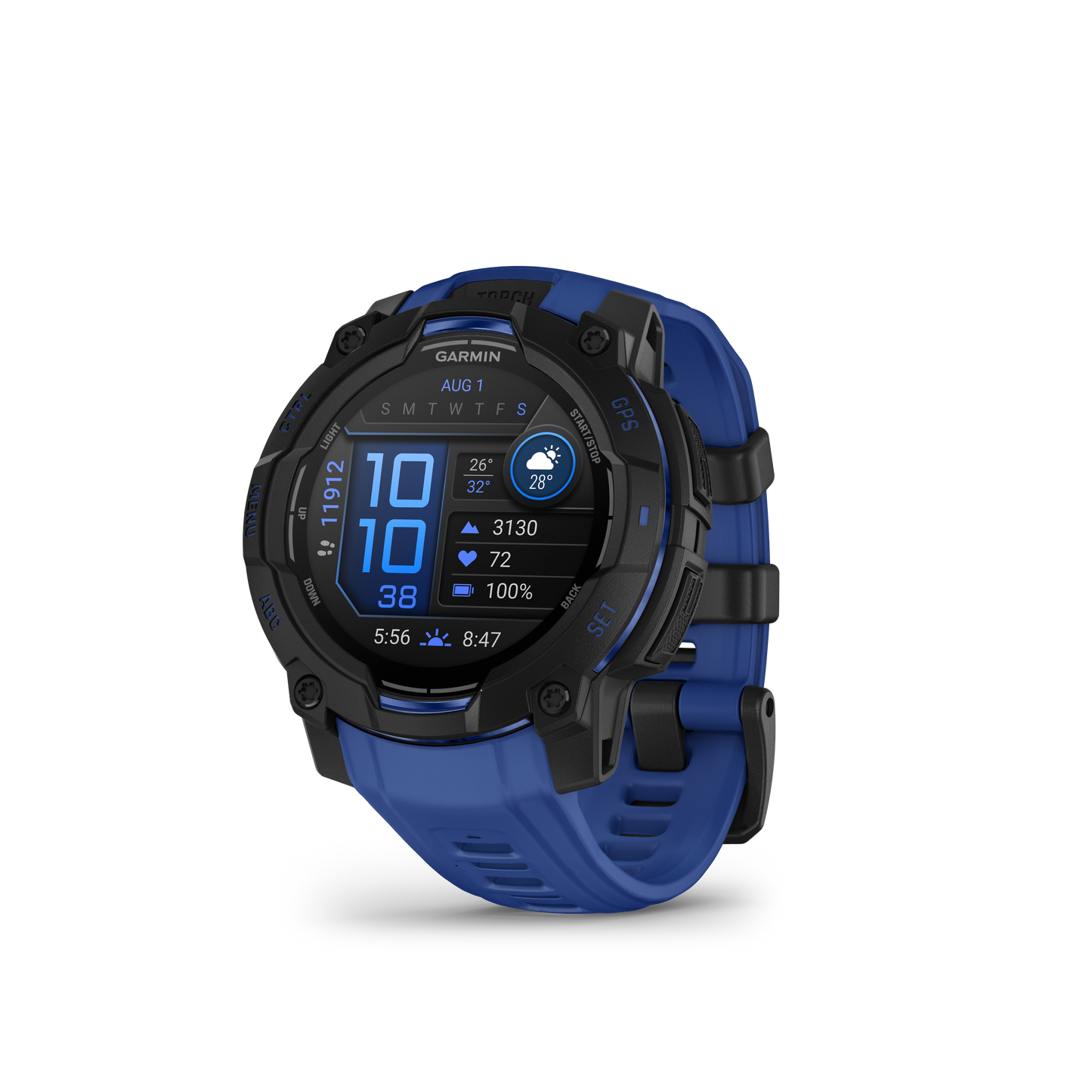 Garmin Instinct 3 AMOLED 45mm smartwatch with black case and bolt blue/black band