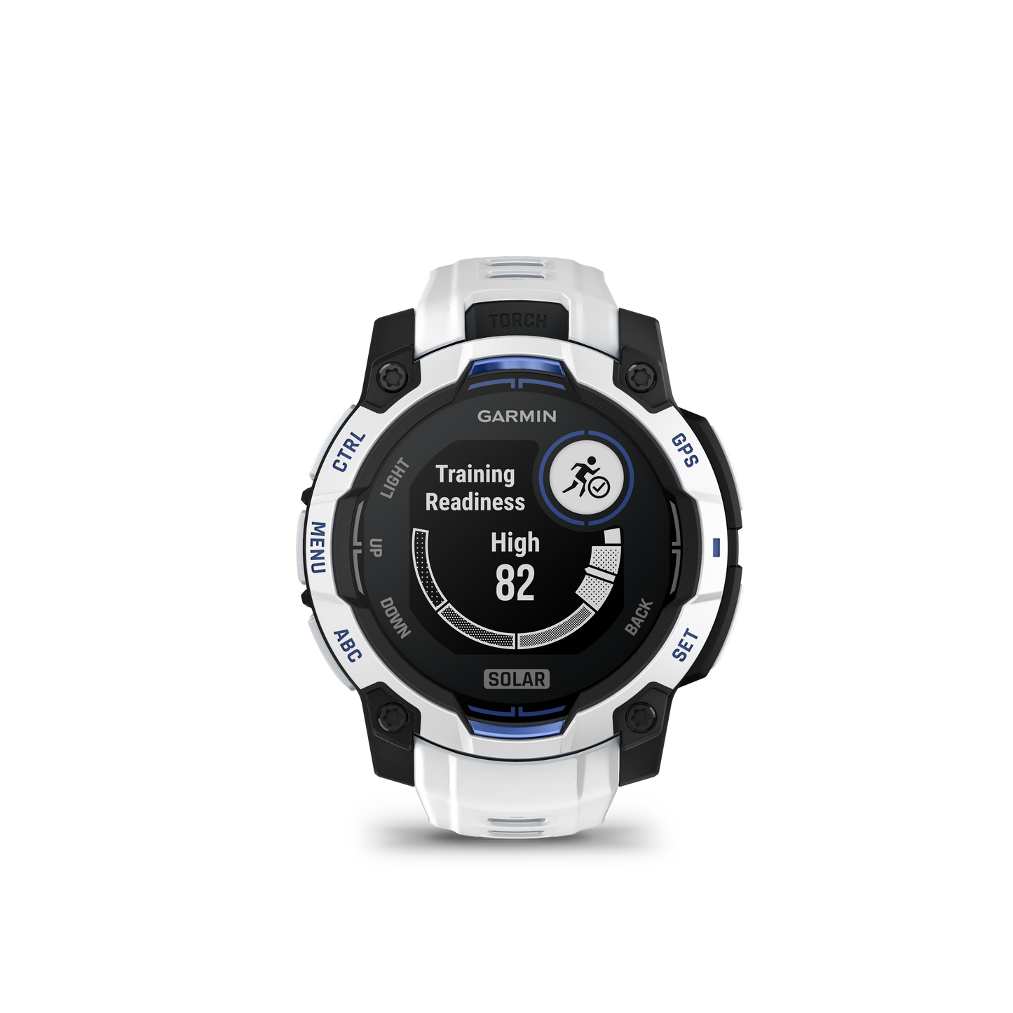 Garmin Instinct 3 smartwatch, 45mm, Whitestone with Bolt Blue band, solar AMOLED GPS